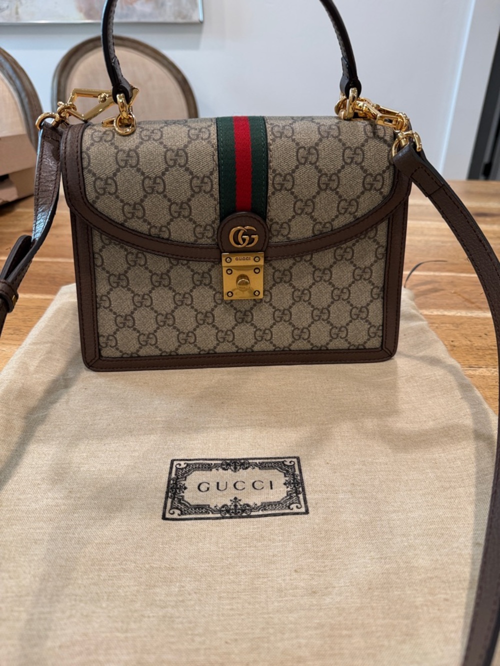 Gucci Beige GG Supreme Canvas Satchel with Green-Red Web and Brown Trim